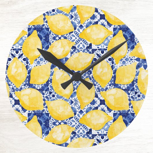 Lemon Citrus Mediterranean Blue White Tile Pattern ラウンド壁時計