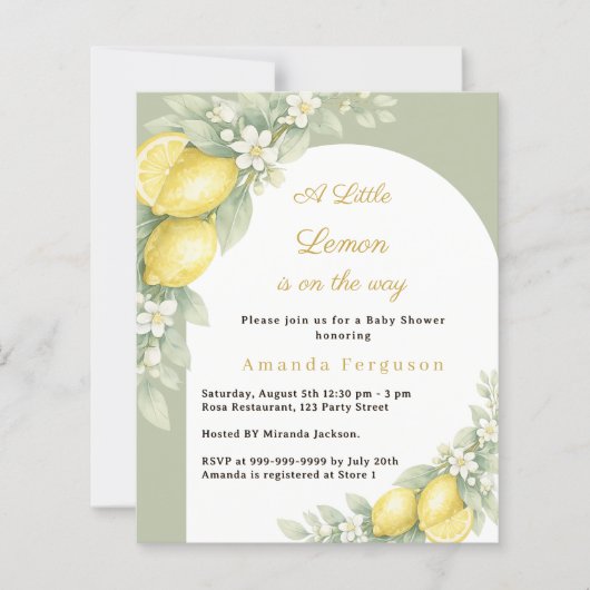 Lemon citrus sage green Baby Shower invitation (正面)