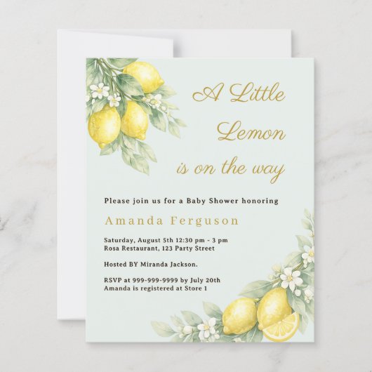 Lemon citrus sage green Baby Shower invitation (正面)