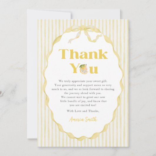 Lemon Citrus Stripes Baby Shower Thank You Card (正面)