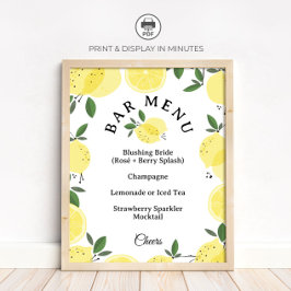 Lemon Cocktail Bar Menu Bridal Shower Sign ポスター