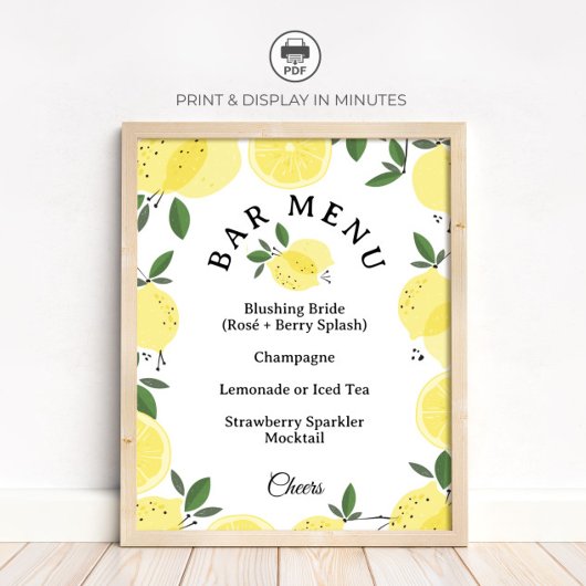 Lemon Cocktail Bar Menu Bridal Shower Sign ポスター