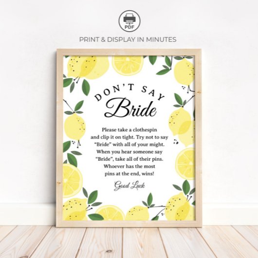 Lemon "Don't Say Bride" Bridal Shower Game sign ポスター