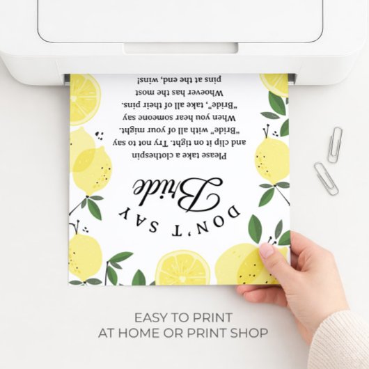 Lemon "Don't Say Bride" Bridal Shower Game sign ポスター