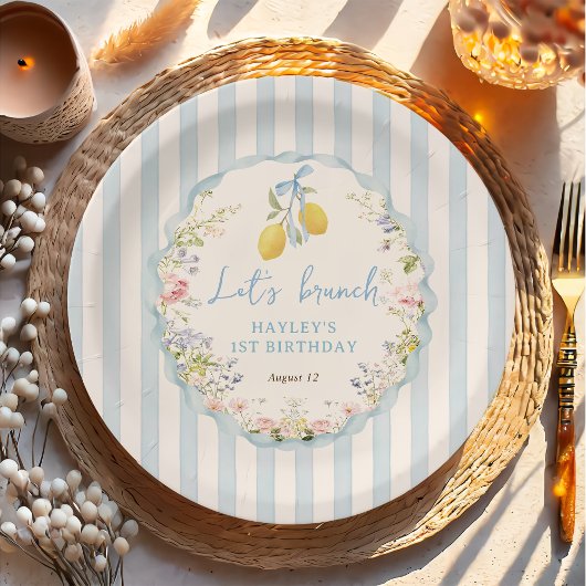 Lemon Floral Blue Bows Paper Plate ペーパープレート