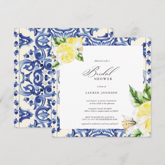Lemon Floral Mediterranean Bridal Shower 招待状 (正面/裏面)