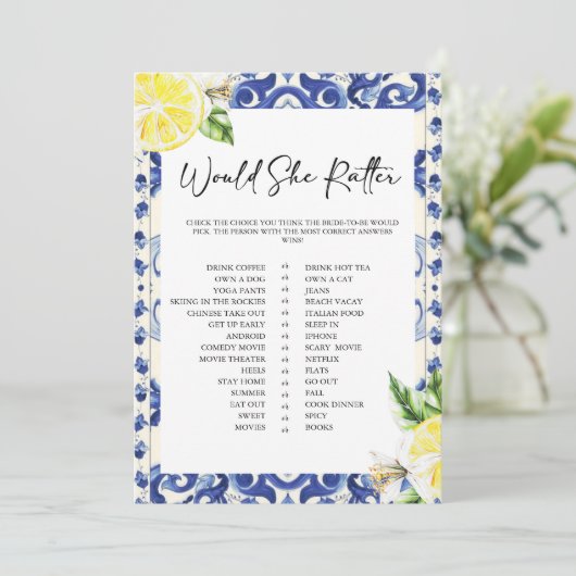 Lemon Floral Mediterranean Bridal Shower game 招待状 (スタンド正面)