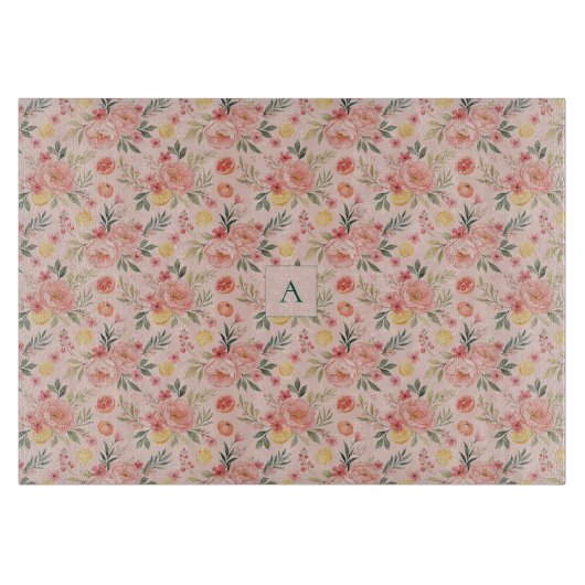 Lemon  Floral pink Peony rustic Pattern monogram カッティングボード (正面)