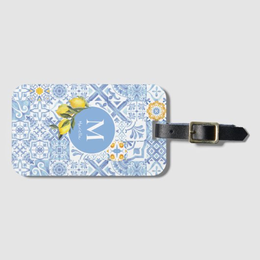 Lemon fruit monogram, blue tile ラゲッジタグ (正面横)