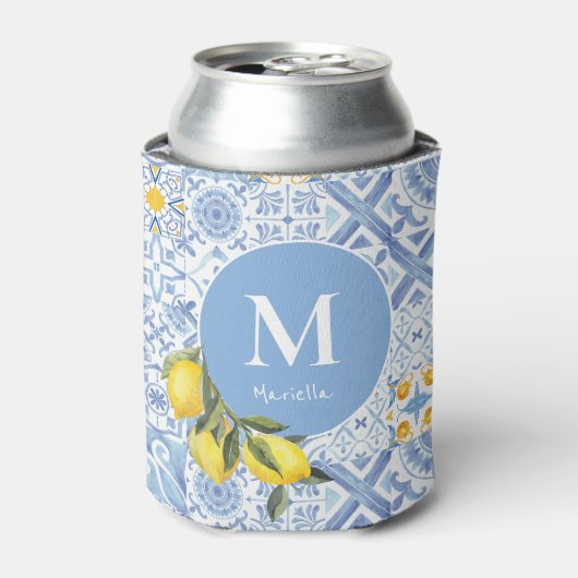 Lemon fruit monogram, blue tile 缶クーラー (缶正面)
