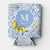 Lemon fruit monogram, blue tile 缶クーラー (正面)