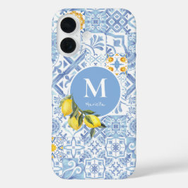 Lemon fruit monogram, blue tile iPhone 16ケース