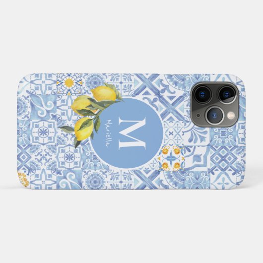 Lemon fruit monogram, blue tile Case-Mate iPhoneケース (裏面(横))