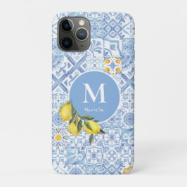 Lemon fruit monogram, blue tile iPhone 11 proケース