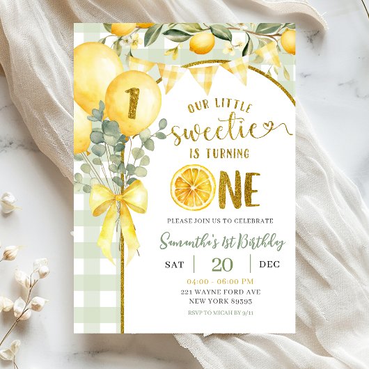Lemon Gingham 1st birthday invitation 招待状