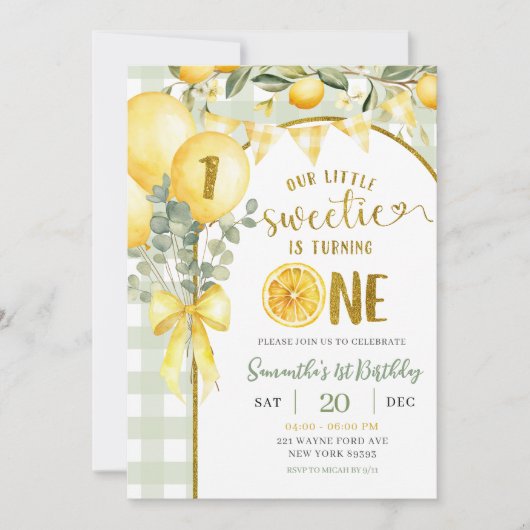 Lemon Gingham 1st birthday invitation 招待状 (正面)