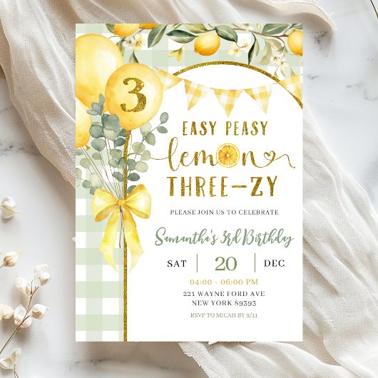 Lemon Gingham 3rd birthday invitation 招待状