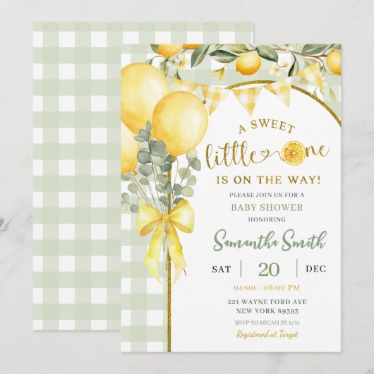 Lemon Gingham baby shower invitation 招待状 (正面/裏面)