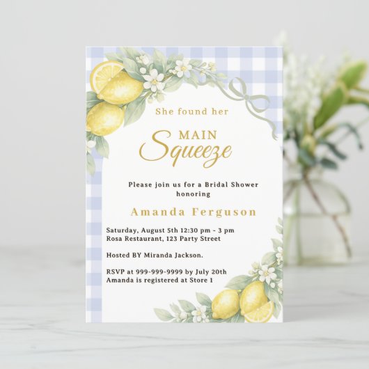 Lemon gingham blue main squeeze bow Bridal Shower 招待状 (スタンド正面)