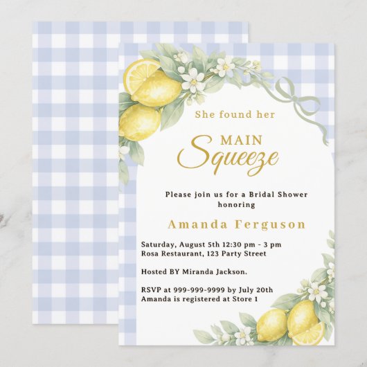 Lemon gingham blue main squeeze bow Bridal Shower 招待状 (正面/裏面)