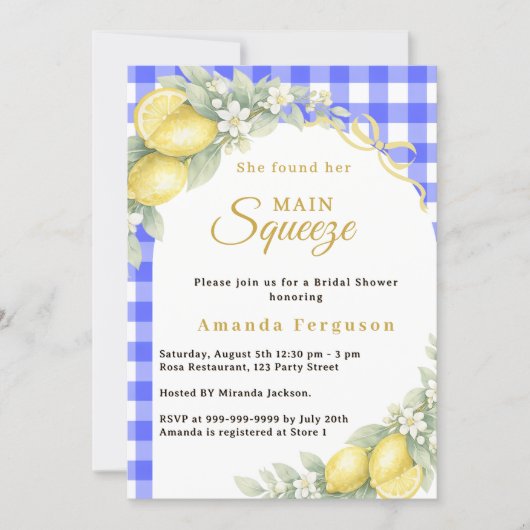 Lemon gingham blue main squeeze bow Bridal Shower 招待状 (正面)