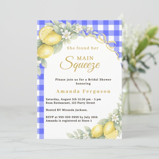 Lemon gingham blue main squeeze bow Bridal Shower 招待状 (スタンド正面)