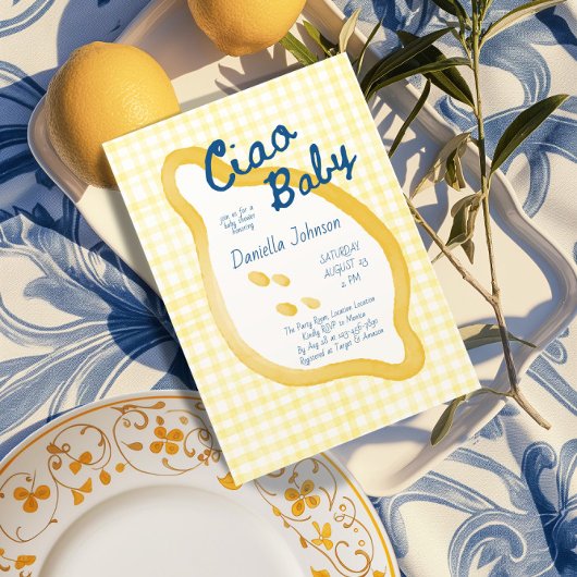 Lemon Gingham Ciao Baby Shower 招待状