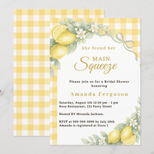 Lemon gingham main squeeze bow Bridal Shower 招待状 (正面/裏面)