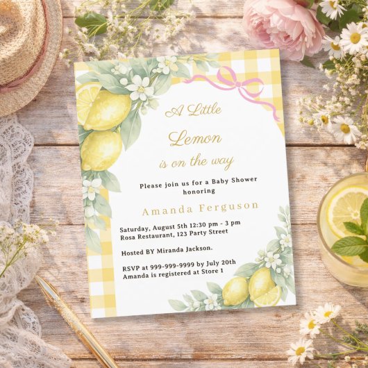Lemon gingham pink bow girl Baby Shower invitation