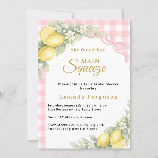 Lemon gingham pink main squeeze bow Bridal Shower 招待状 (正面)
