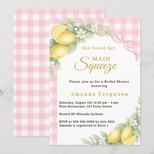 Lemon gingham pink main squeeze bow Bridal Shower 招待状 (正面/裏面)