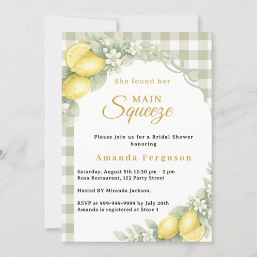 Lemon gingham sage main squeeze bow Bridal Shower 招待状 (正面)