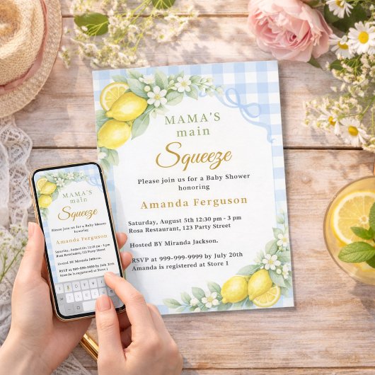 Lemon gingham squeeze blue bow boy Baby Shower 招待状