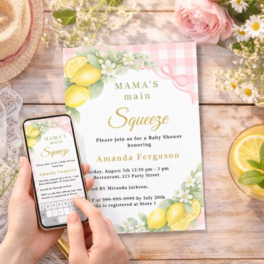 Lemon gingham squeeze pink bow girl Baby Shower 招待状