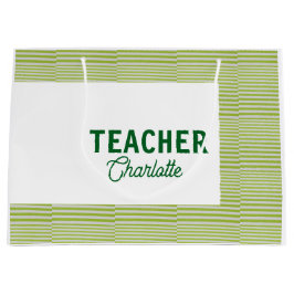 Lemon green white stripes teacher professor name c ラージペーパーバッグ