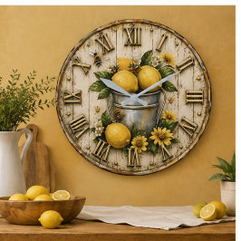 Lemon & Honey Bee Farmhouse Kitchen Art Gift ラージ壁時計
