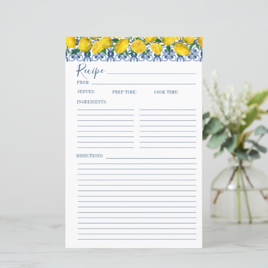 Lemon Italian Blue tile Bridal Shower Recipe Card (スタンド正面)