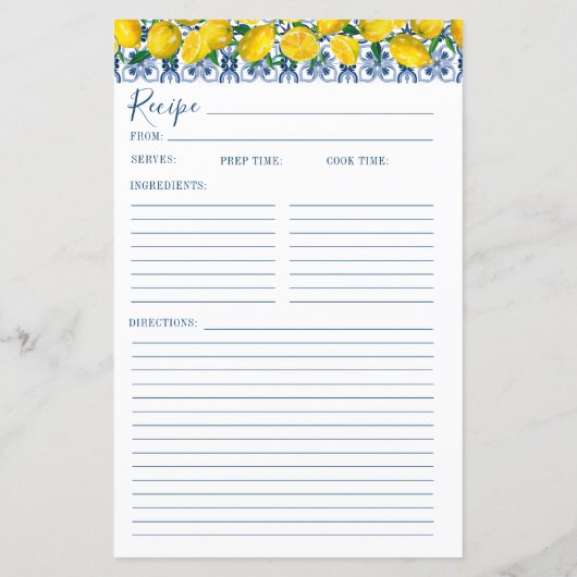 Lemon Italian Blue tile Bridal Shower Recipe Card (裏面)
