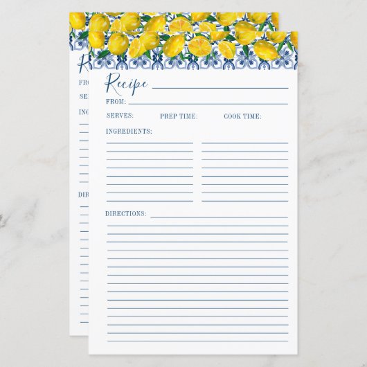 Lemon Italian Blue tile Bridal Shower Recipe Card (正面/裏面)