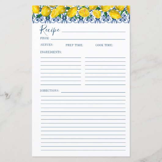 Lemon Italian Blue tile Bridal Shower Recipe Card (正面)