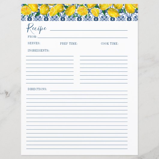 Lemon Italian Blue tile Bridal Shower Recipe Card  (裏面)