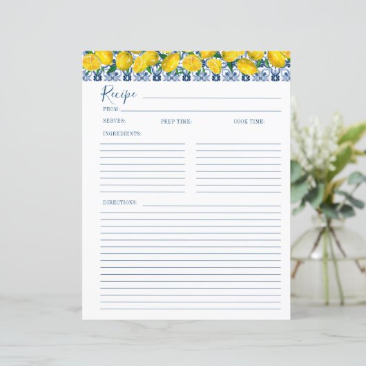 Lemon Italian Blue tile Bridal Shower Recipe Card  (スタンド正面)