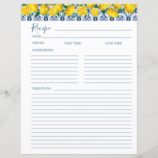 Lemon Italian Blue tile Bridal Shower Recipe Card  (正面)