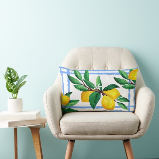 Lemon Leaf Watercolor Pillow | Amalfi Blue Citrus ランバークッション (椅子)