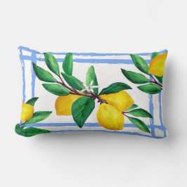 Lemon Leaf Watercolor Pillow | Amalfi Blue Citrus ランバークッション