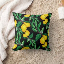Lemon Leaf Yellow Green Black Pattern Throw Pillow クッション