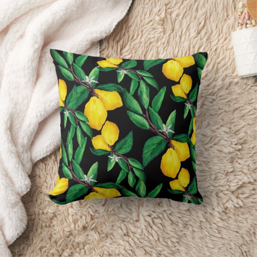 Lemon Leaf Yellow Green Black Pattern Throw Pillow クッション (ブランケット)