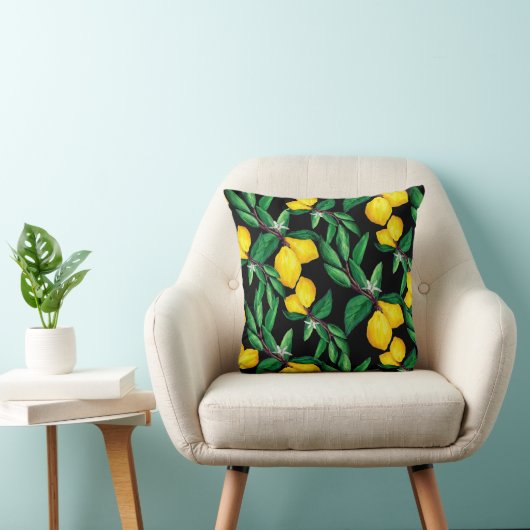 Lemon Leaf Yellow Green Black Pattern Throw Pillow クッション (椅子)