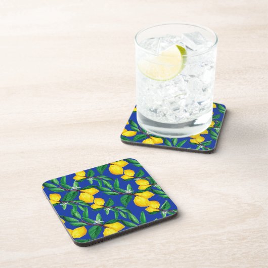 Lemon Leaf Yellow Green Blue Pattern Drink  コースター (右側)
