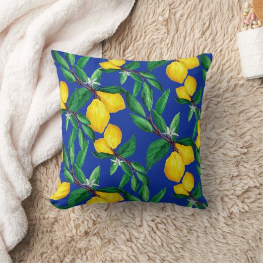 Lemon Leaf Yellow Green Blue Pattern Throw Pillow クッション (ブランケット)